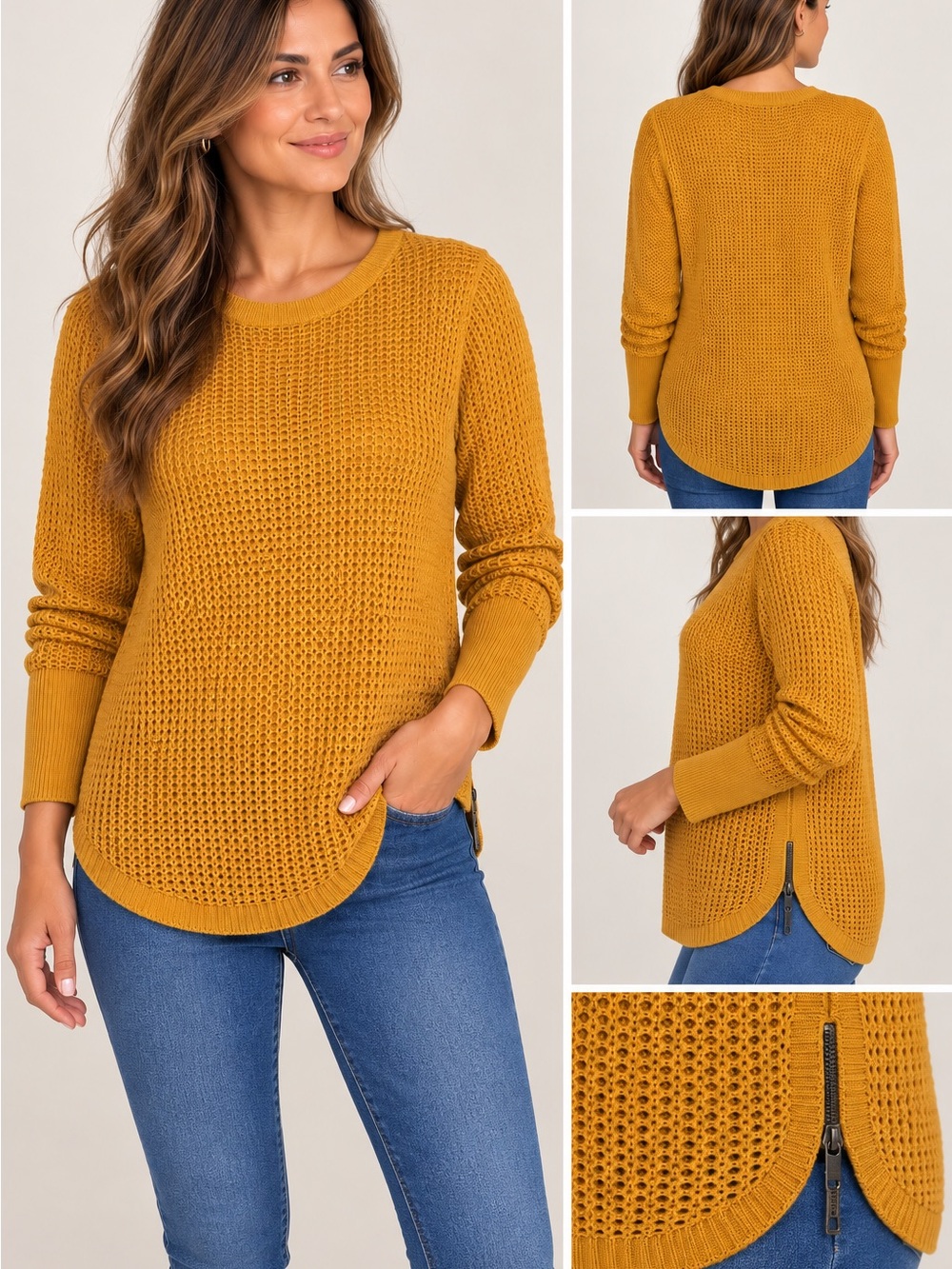 AKINI Mustard Yellow Open Knit Sweater Size L High Low Hem Side Zippers